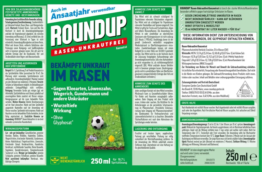 ROUNDUP® Rasen - Unkrautfrei Konzentrat 250 ml für ca. 165 m²