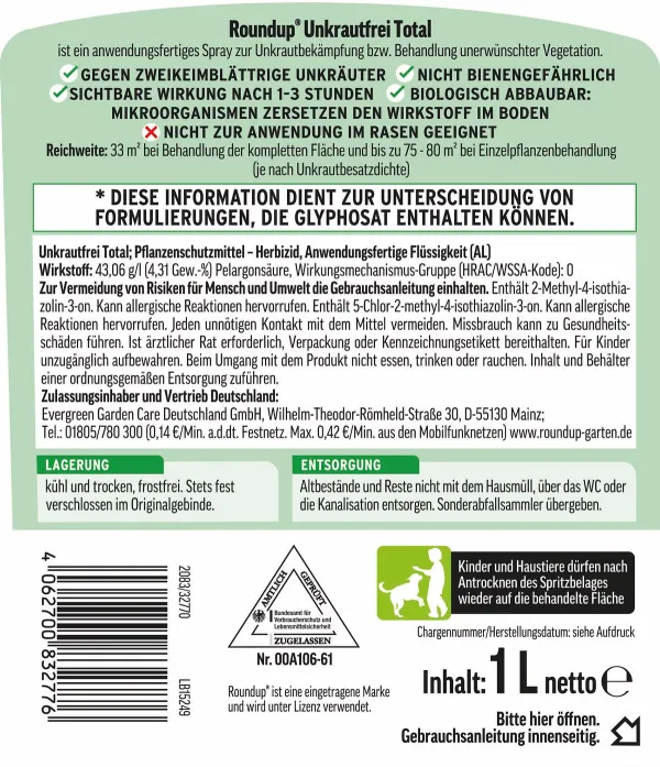 ROUNDUP® Unkrautfrei Total AF anwendungsfertig für bis zu 33 m² - 1 Liter