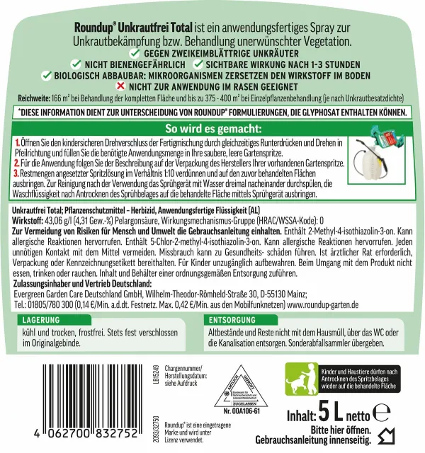 ROUNDUP® Unkrautfrei Total Fertigmischung AF für bis zu 166 m² - 5 Liter