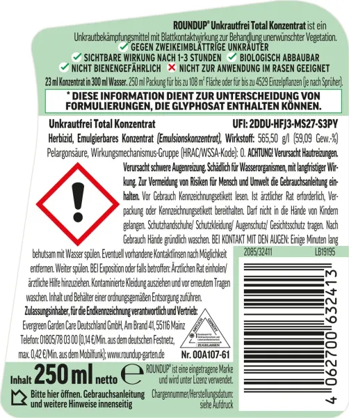 ROUNDUP® Unkrautfrei Total Konzentrat für ca. 108 m² - 250 ml