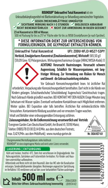 ROUNDUP® Unkrautfrei Total Konzentrat für ca. 216 m² - 500 ml
