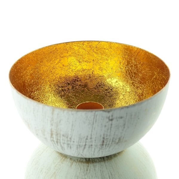 SCHEULEN Spitzkerzenhalter Grau geweißt, goldfarbener Reflektionskörper Ø 13 cm