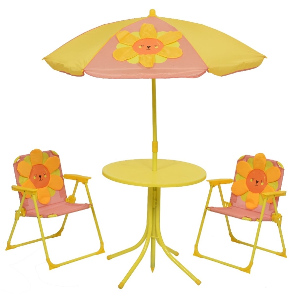 Set Kindersonnenschirm & Tisch mit 2 Stühlen Orange mit Blumenmotiv Polyester & Eisen
