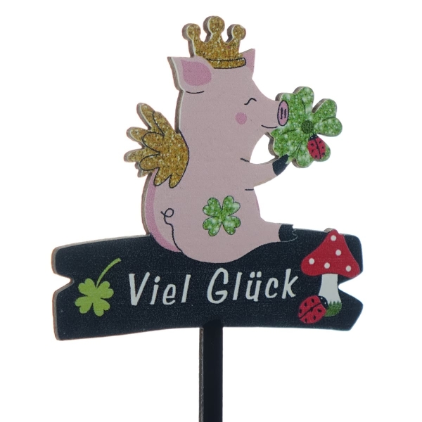 Silvester-Stecker Glücksschwein mit Krone und Schriftzug Viel Glück - Holz