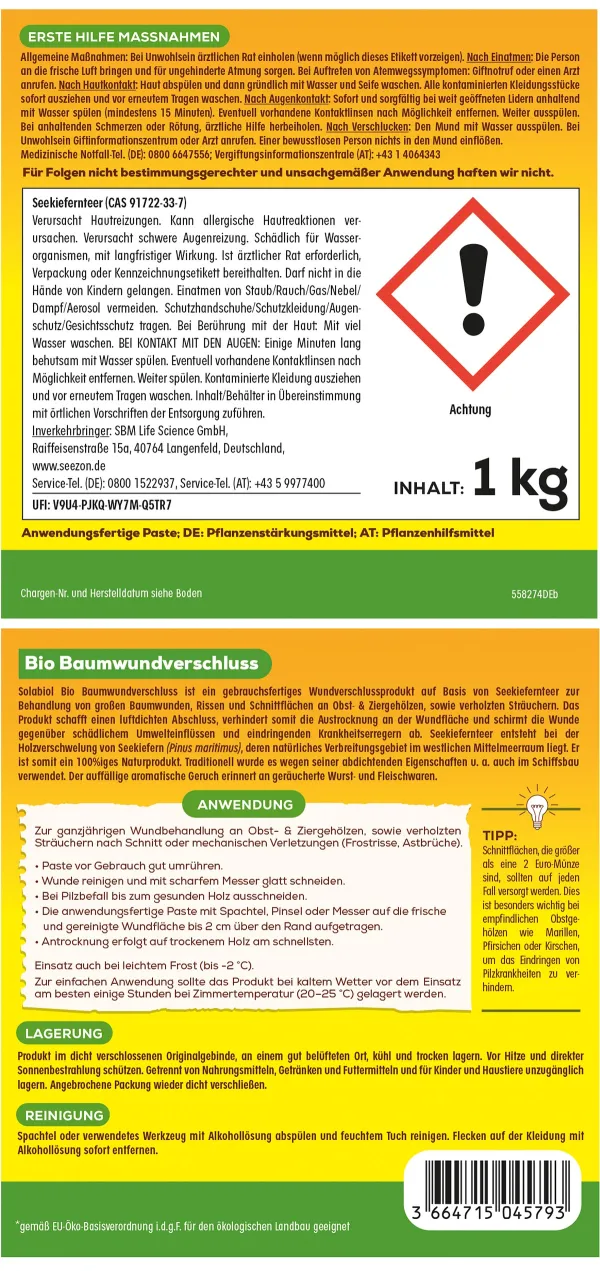 Solabiol® Bio Baumwundverschluss Biologische Baumpflege anwendungsfertig - 1 kg