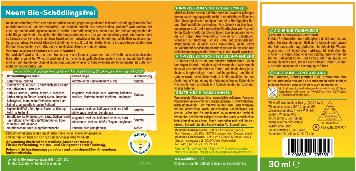 Solabiol® Bio Neem Schädlingsfrei für 10 Liter Spritzbrühe - 30 ml