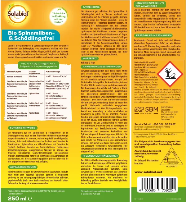 Solabiol® Bio Spinnmilben- & Schädlingsfrei für 25 Liter Spritzbrühe - 250 ml