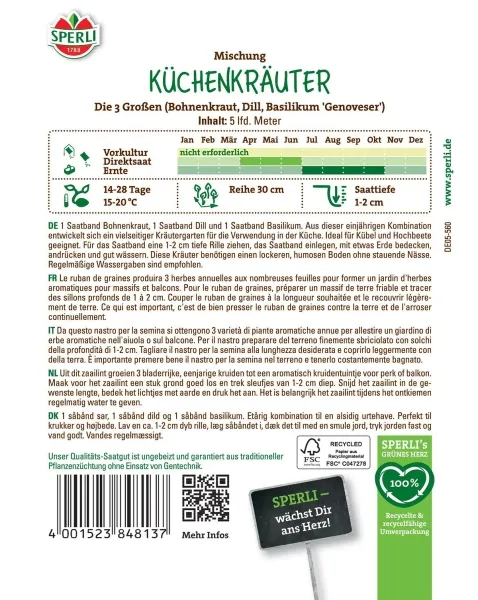 Sperli 3-Kräuter Balikum - Bohnenkraut - Dill Saatband - Kräutersamen
