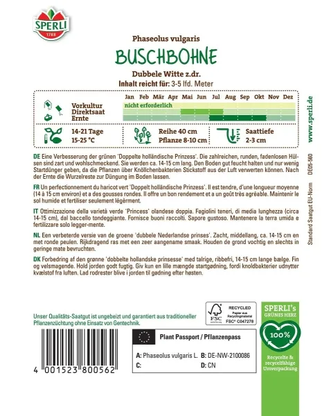 Sperli Buschbohnen Dubbele Witte z.dr. - Gemüsesamen