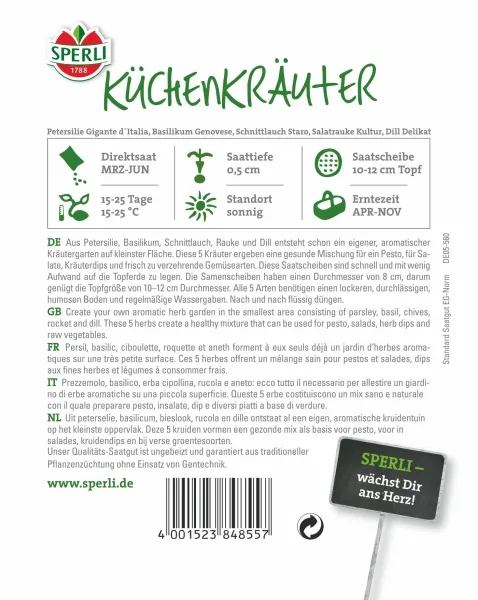 Sperli Küchenkräuter Petersilie Basilikum Schnittlauch Rauke Dill - 5 Saatscheiben - Kräutersamen