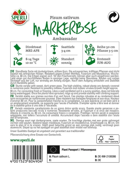 Sperli Markerbsen Ambassador 250 Gramm MaxiPack - Gemüsesamen