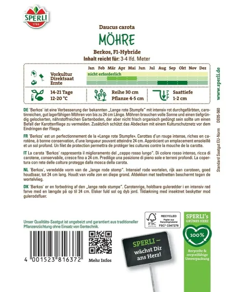 Sperli Möhren Berkos F1 - Hybride Pillensaatgut - Gemüsesamen