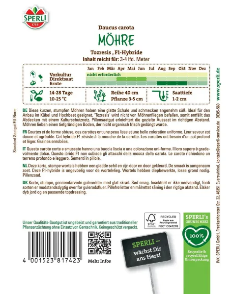 Sperli Möhren Tozresis F1 - Hybride Pillensaat - Gemüsesamen