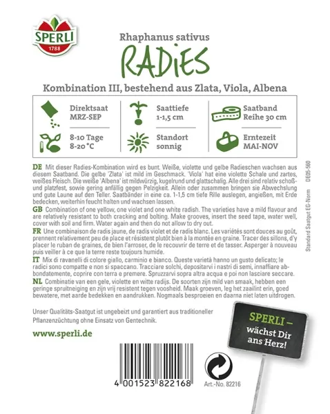 Sperli Radieschen Kombination III - Zlata, Viola, Albena - Saatband - Gemüsesamen