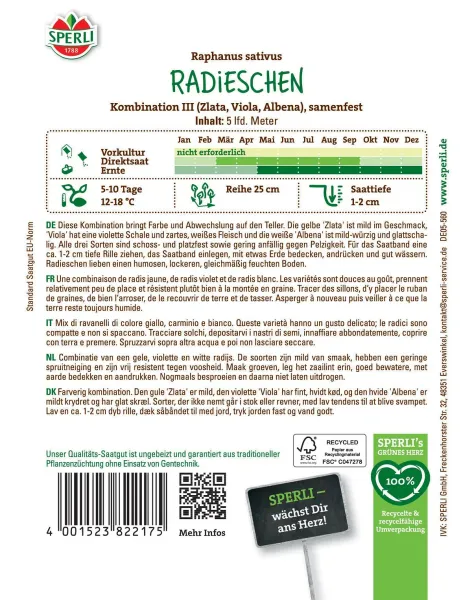 Sperli Radieschen Kombination III - Zlata, Viola, Albena - Saatband - Gemüsesamen