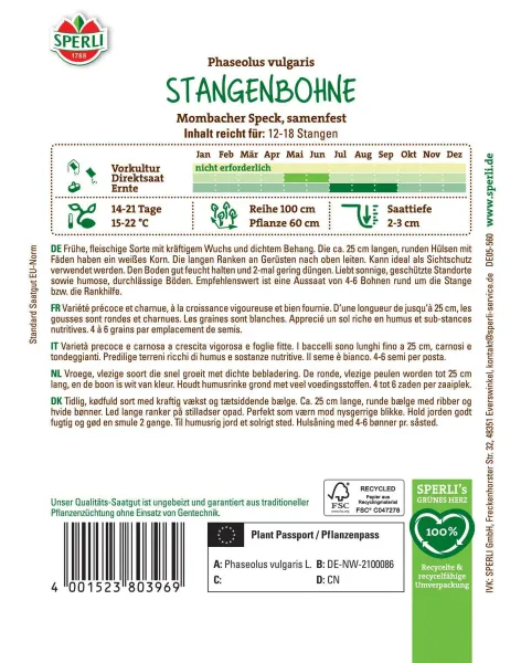 Sperli Stangenbohnen Mombacher Speck - Gemüsesamen