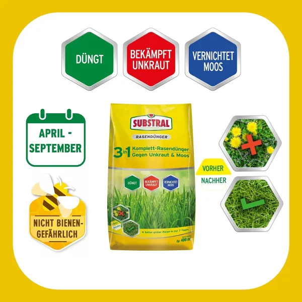 SUBSTRAL® 3in1 Komplettrasendünger gegen Unkraut & Moos für 400 m² - 14 kg