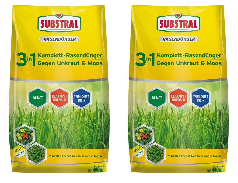 SUBSTRAL® 3in1 Komplettrasendünger gegen Unkraut & Moos für 400 m² - 14 kg x 2