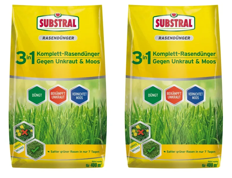 SUBSTRAL® 3in1 Komplettrasendünger gegen Unkraut & Moos für 400 m² - 14 kg x 2