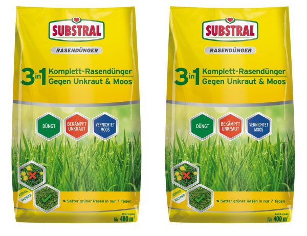SUBSTRAL® 3in1 Komplettrasendünger gegen Unkraut & Moos für 400 m² - 14 kg x 2