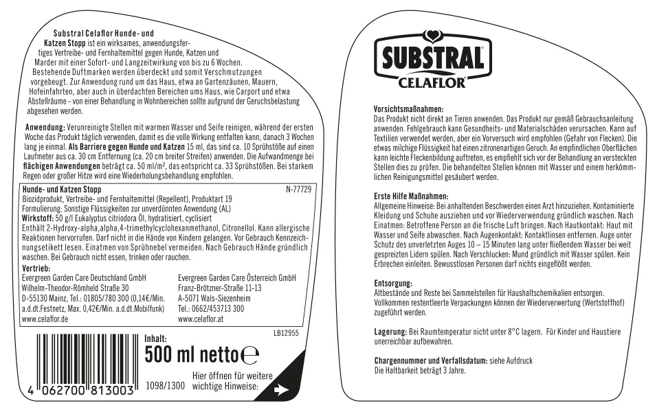 SUBSTRAL® CELAFLOR® Hunde & Katzen Stopp anwendungsfertig - 500 ml