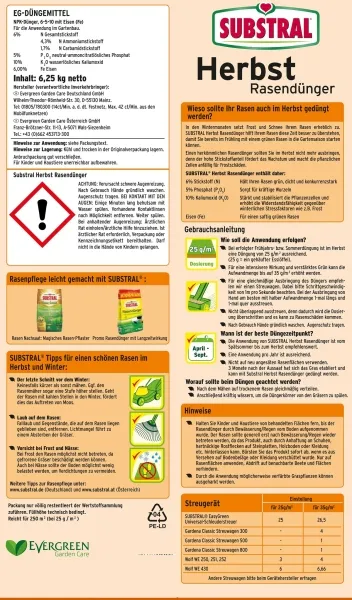 SUBSTRAL® Herbst-Rasendünger für bis zu 250 m² - 6,25 kg