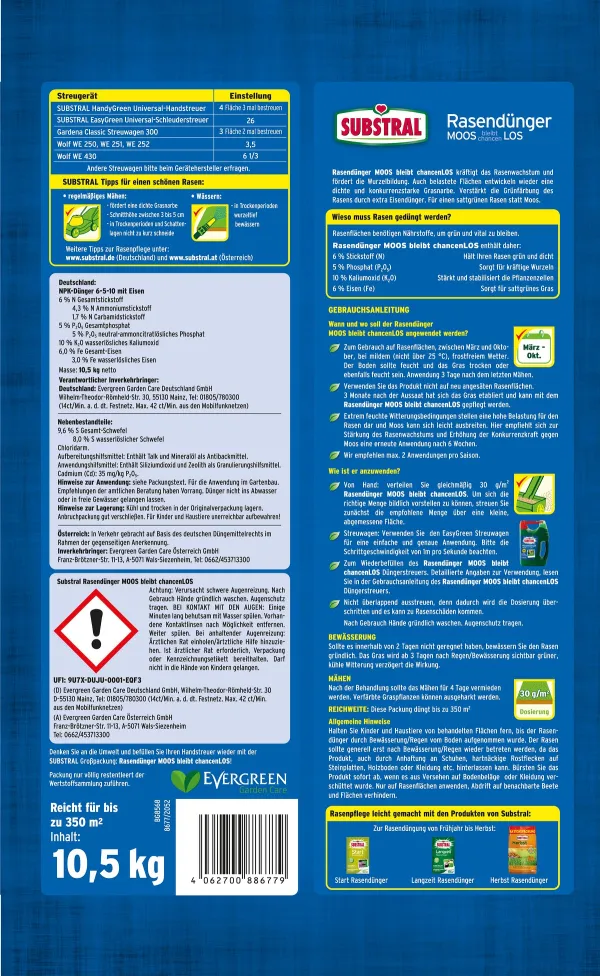 SUBSTRAL® Rasendünger MOOS bleibt chancenLOS für bis zu 350 m² - 10,5 kg