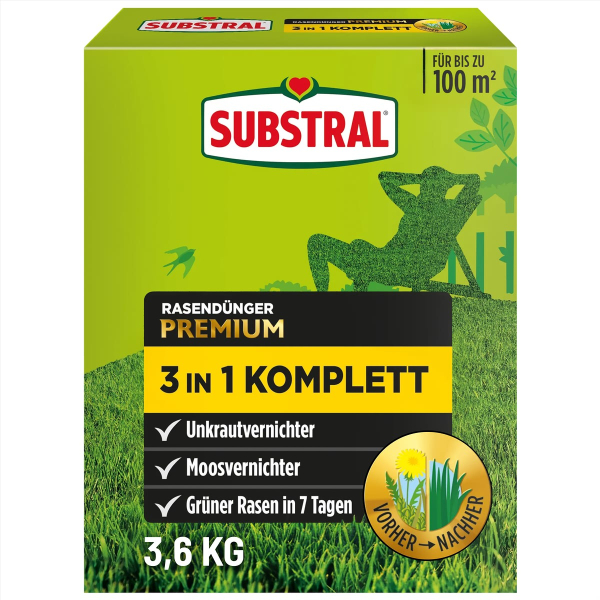 SUBSTRAL® Rasendünger PREMIUM 3in1 Komplett für ca. 100 m² - 3,6 kg