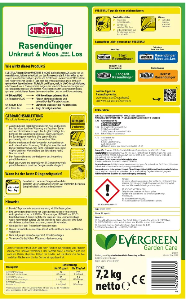 SUBSTRAL® Rasendünger Unkraut & Moos bleibt chancen LOS für ca. 240 m² - 7,2 kg
