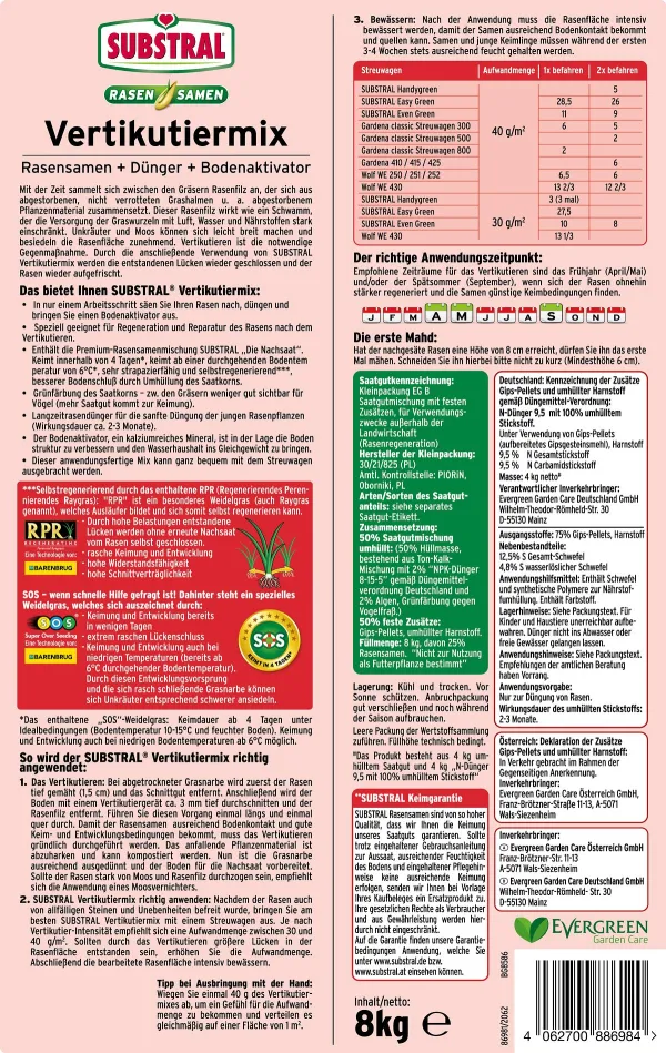 SUBSTRAL® Vertikutiermix Rasensamen Dünger Bodenaktivator für 266 m² - 8 kg