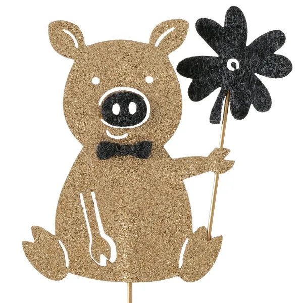Topfstecker Peggy das Glücksschwein goldfarben mit Glitter Länge 9 cm Breite 0,70 cm Höhe 22 cm - Eisen & Polyester