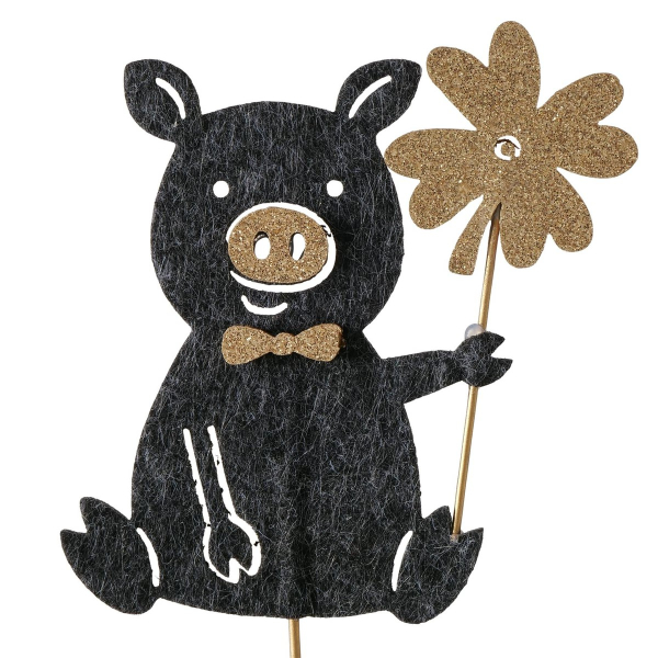 Topfstecker Peggy das Glücksschwein schwarz mit Glitter Länge 9 cm Breite 0,70 cm Höhe 22 cm - Eisen & Polyester