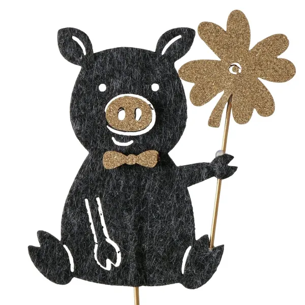 Topfstecker Peggy das Glücksschwein schwarz mit Glitter Länge 9 cm Breite 0,70 cm Höhe 22 cm - Eisen & Polyester