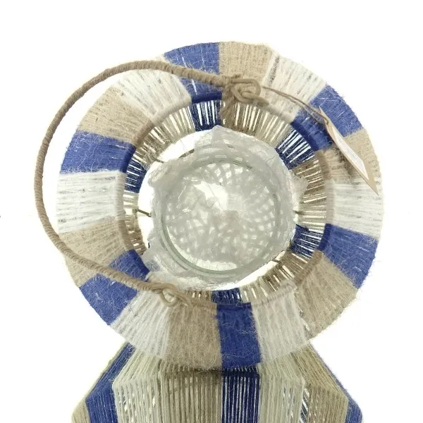 VAN DER LEEDEN Laterne Stripes Natur Weiß Blau Ø 26 cm Höhe 30 cm - Jute & Metall