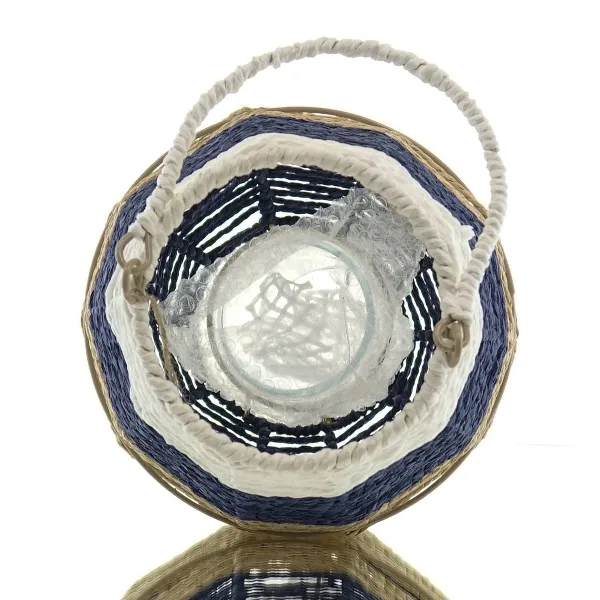 VAN DER LEEDEN Laterne Weiß Blau Natur Ø 26 cm Höhe 30 cm - Seegras & Metall