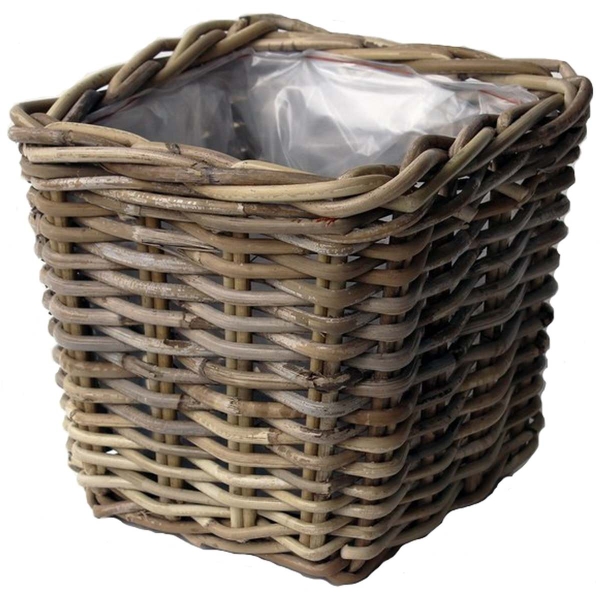 VAN DER LEEDEN Rattan Übertopf Grau quadratisch mit Folienauskleidung 21 x 21 cm