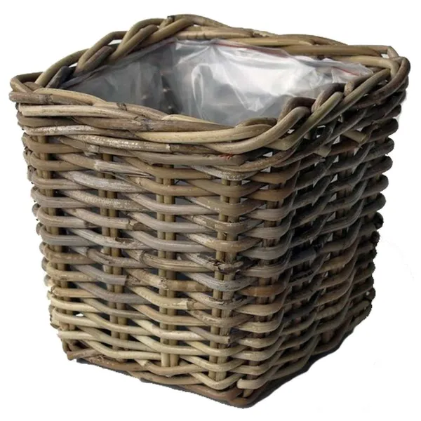 VAN DER LEEDEN Rattan Übertopf Grau quadratisch mit Folienauskleidung 27 cm