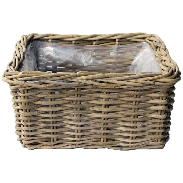 VAN DER LEEDEN Rattan Übertopf Grau quadratisch mit Folienauskleidung 40 cm