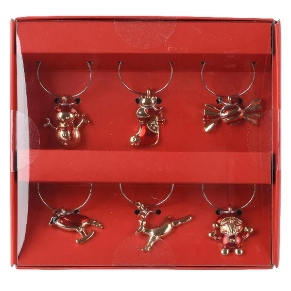 Weihnachtliche Weinglas-Markierer 6 Motive Rot & Goldfarben 6 Stück - Metall & Glas