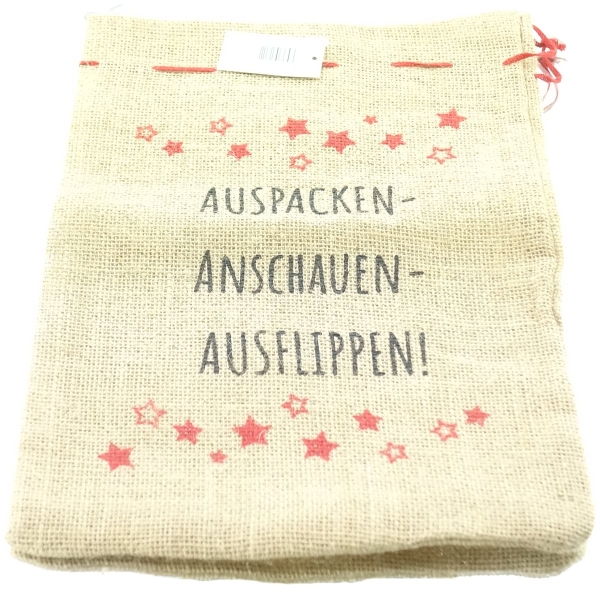 Weihnachtlicher Jutesack mit Aufdruck auspacken anschauen ausflippen 36 x 48 cm