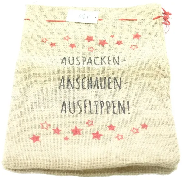 Weihnachtlicher Jutesack mit Aufdruck auspacken anschauen ausflippen 36 x 48 cm