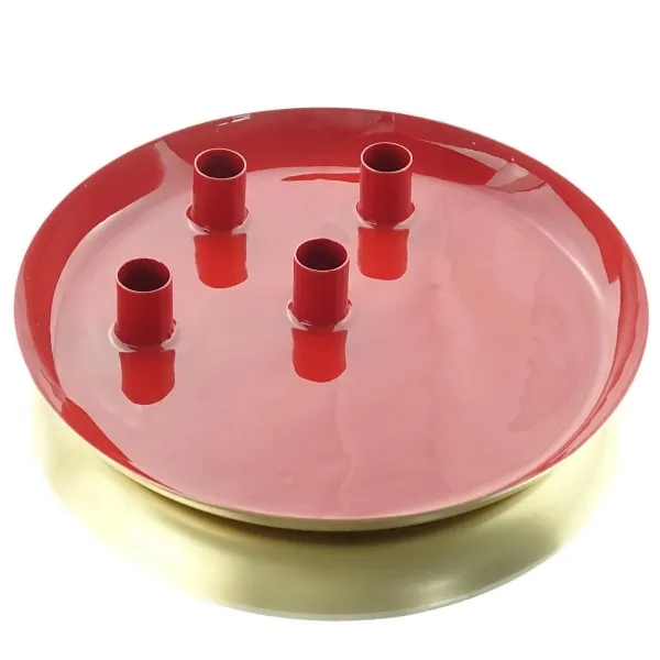 Weihnachtlicher Teller Rot glänzend 4 feste Stabkerzenhaltern Ø 26 cm - Metall Weihnachtlicher Teller Rot glänzend 4 feste Stabkerzenhaltern Ø 26 cm - Metall