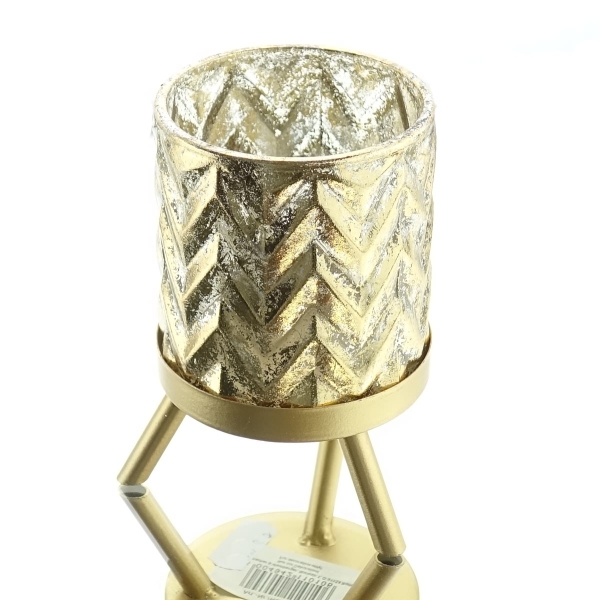 Weihnachtliches Glas-Windlicht auf goldfarbenem Metallsockel Ø 7 cm