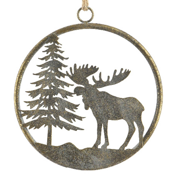 Weihnachts-Fensteranhänger Tanne & Elch Altgold- und Goldfarben klein Ø 20 cm - Metall