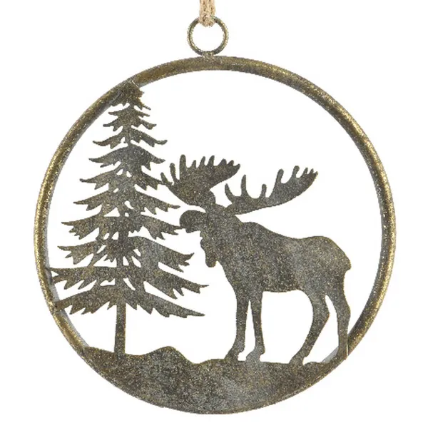 Weihnachts-Fensteranhänger Tanne & Elch Altgold- und Goldfarben klein Ø 20 cm - Metall