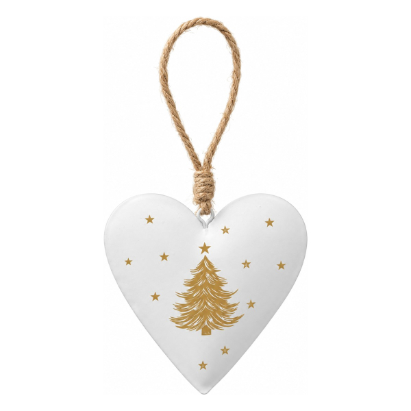 Weihnachtsanhänger Herz cremefarben mit goldfarbenenTannenbaum & Sternen - Eisen & Jute