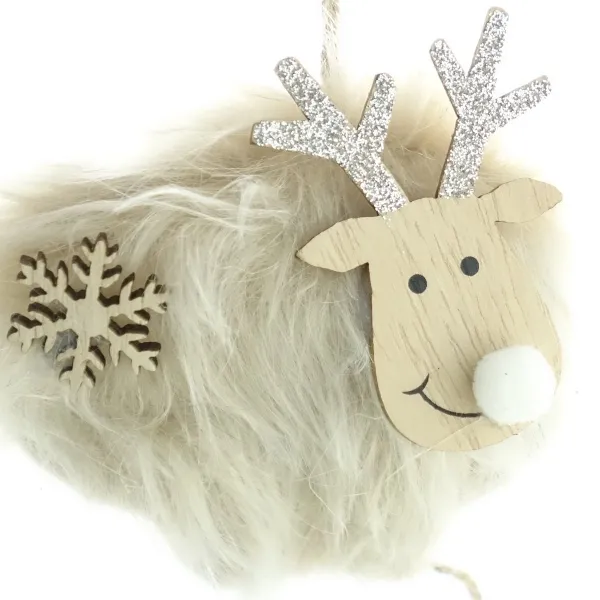 Weihnachtsanhänger Hirsch Beige mit Kunstfell & Schneeflocke - Polyester & Holz Weihnachtsanhänger Hirsch Beige mit Kunstfell & Schneeflocke - Polyester & Holz