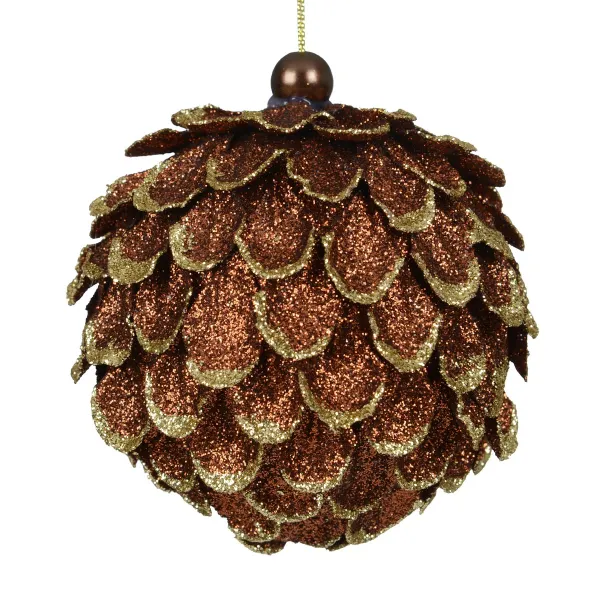 Weihnachtsanhänger Kienapfel braun & goldfarben Ø 8 cm beglittert - Kunststoff