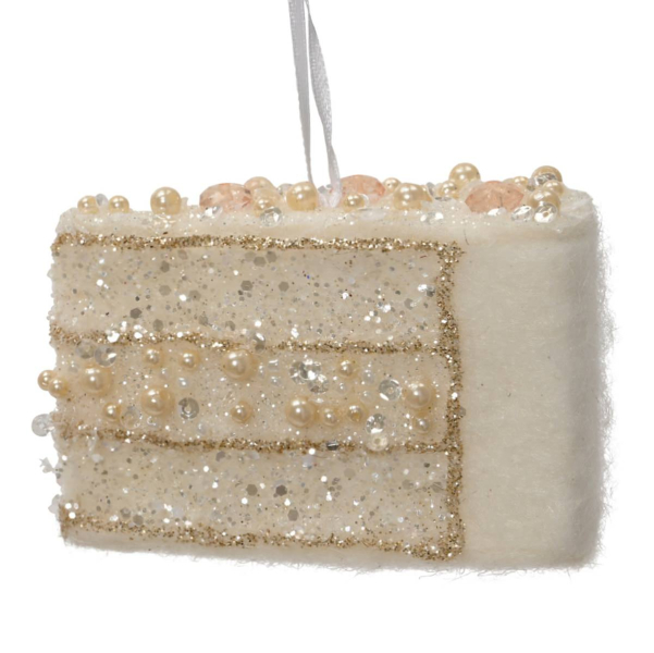 Weihnachtsanhänger Kuchenstück cremefarben mit Perlen & Glitter - Polyester
