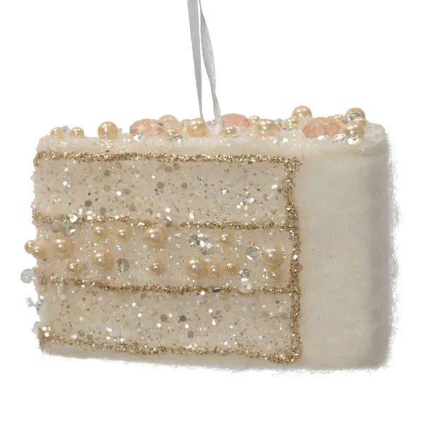 Weihnachtsanhänger Kuchenstück cremefarben mit Perlen & Glitter - Polyester